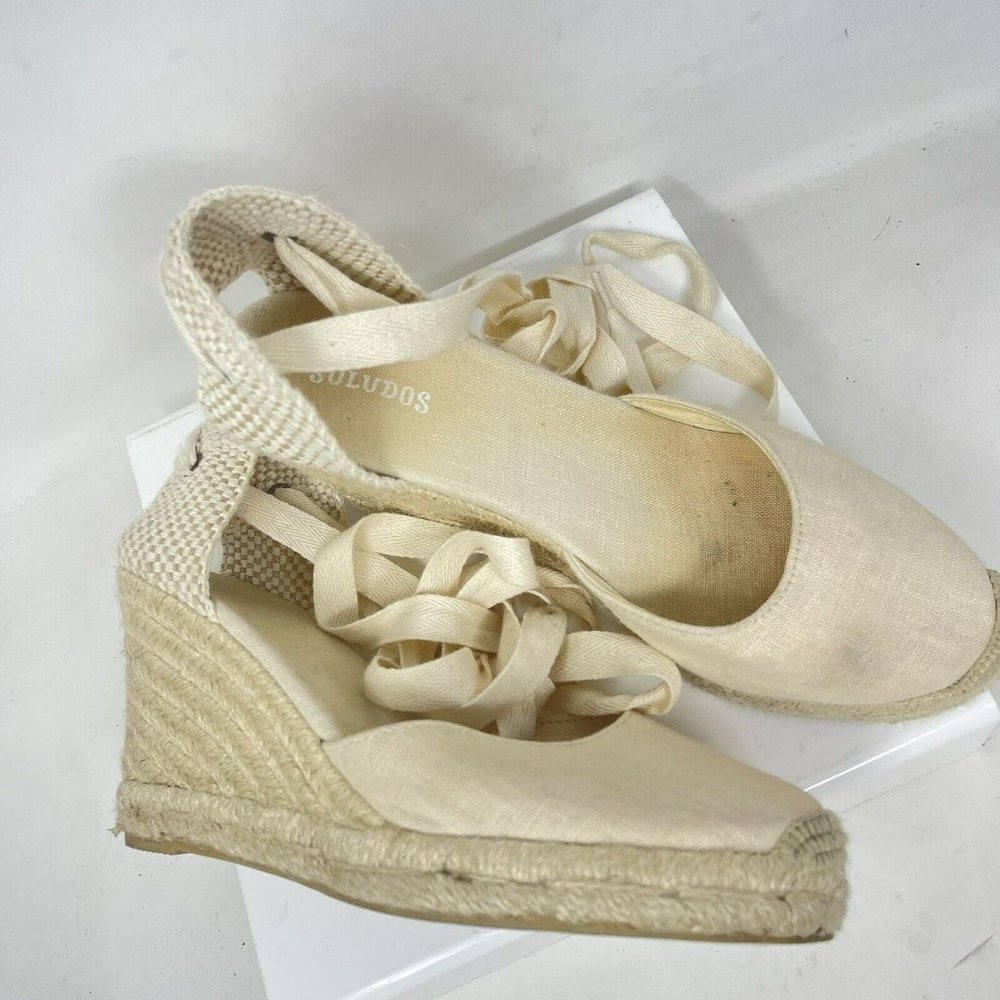 Anthropologie Soludos Classic Wedge Espadrille Womens Size 7 Ivory Ankle Wrap